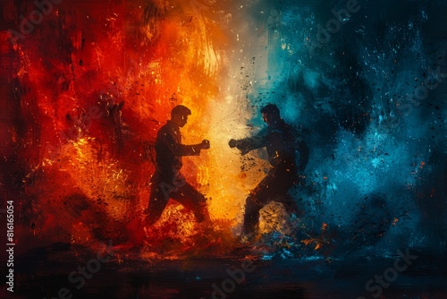 Two Men Fighting in Front of Fiery Background photo