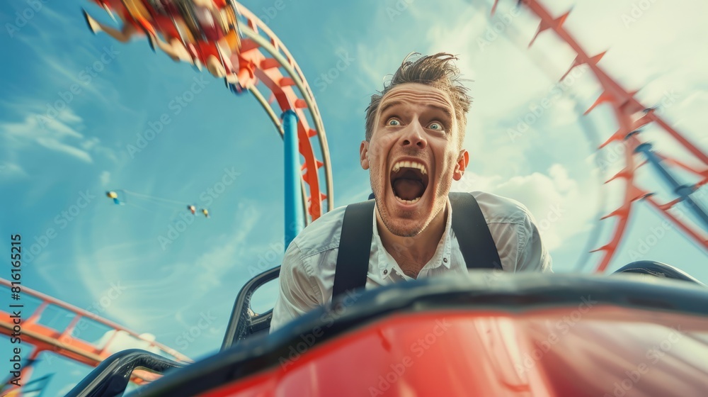 Businessman ride fast pace on roller coaster in amusement park ...