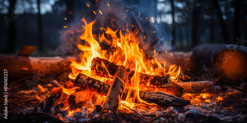 Close Up of a Brightly Burning Campfire in a Forest During Twilight