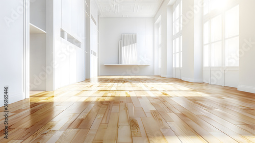 an empty room with wood floors and white cupboards on the left side of the room there is a mirror in the wall   Generative AI