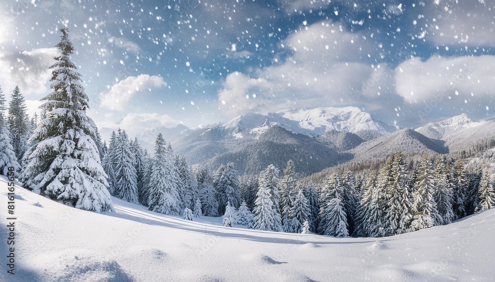a wide format christmas background image for creative content showcasing gently falling snow over a pristine snow blanketed forest and majestic mountains photorealistic illustration