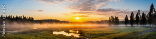 Serene Sunrise Over Misty Forest and River Landscape