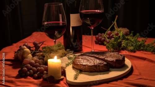 A romantic steak dinner setting is illuminated by candlelight  featuring red wine  grapes  and a warm ambiance