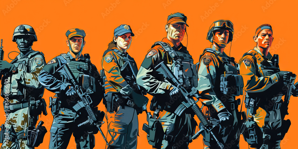 Fototapeta premium Veterans in Policing (Orange): Signifies the role of military veterans in police forces and their influence on police militarization