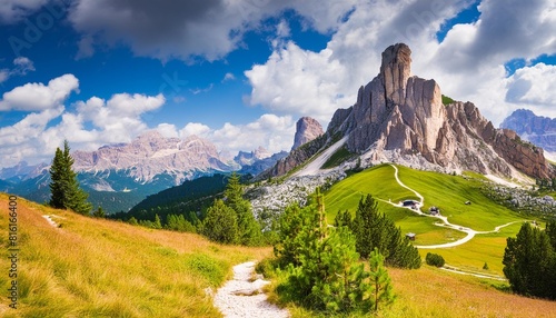 wonderful nature landscape amazind summer scenery in dolomite mountains hiking trail near falzarego pass view on alpine highlands with rmajestic mountains popular locations for travel and hiking photo