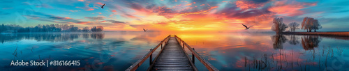 Majestic Sunset over Tranquil Lake with Wooden Pier and Birds in Flight