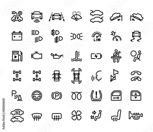 Car dashboard panel icons, symbols warning light indicators, vector illustration.