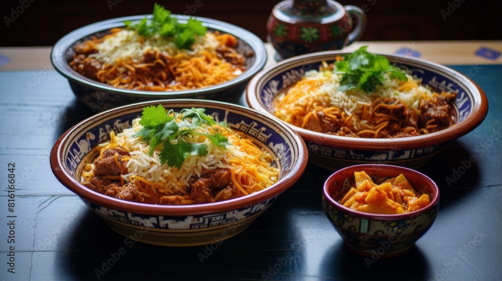 An array of spicy and colorful Asian dishes, beautifully plated in traditional bowls, each bursting with vibrant flavors and textures An array of spicy and colorful Asian dishes, beautifully plated in traditional bowls, each bursting with vibrant flavors and textures
