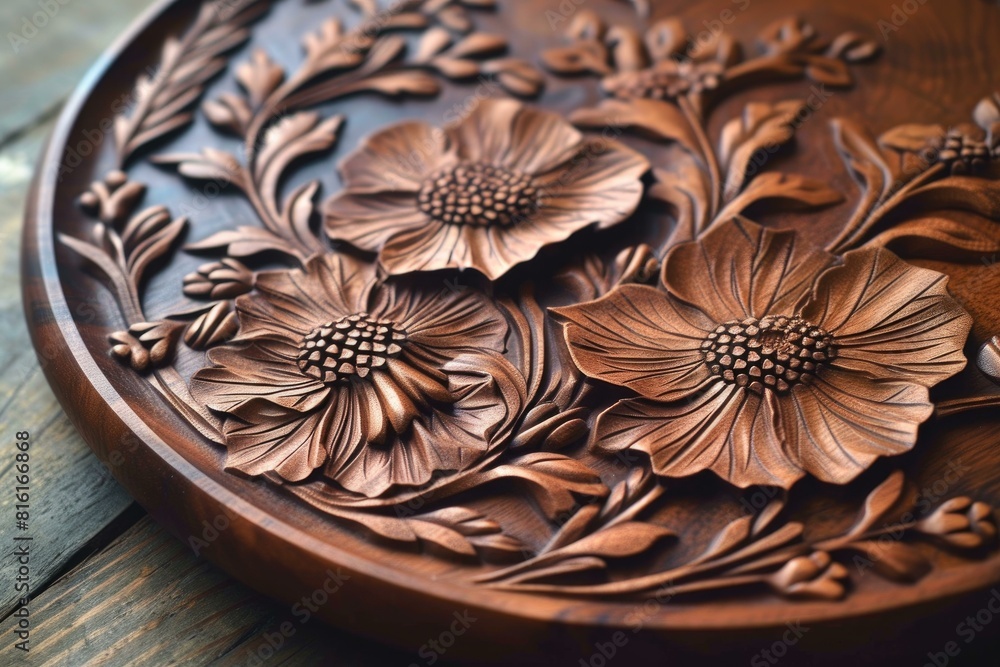 Closeup of an elegantly carved wooden tray with detailed flower designs on a rustic table Closeup of an elegantly carved wooden tray with detailed flower designs on a rustic table