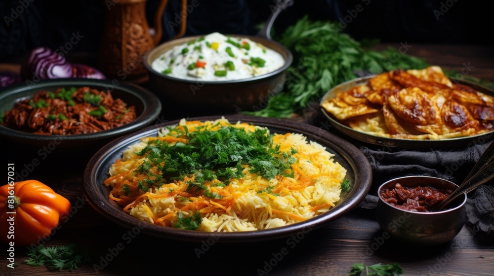 A traditional feast featuring a variety of Asian dishes, garnished with fresh herbs, presenting a visual and culinary delight A traditional feast featuring a variety of Asian dishes, garnished with fresh herbs, presenting a visual and culinary delight