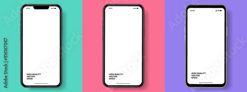 Realistic smartphone mockup. Mobile phone vector with isolated on white background. Device front view. 3D mobile phone with shadow. Realistic, high quality smart phone mockup for ui ux presentation.