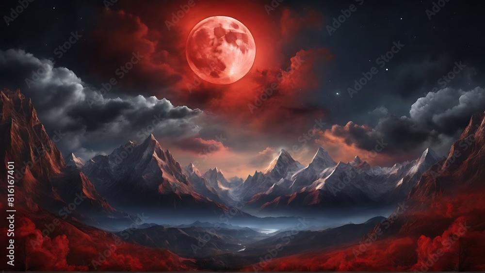 Ethereal Red Moon with Stars and Clouds