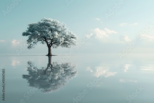 Tree on lake with sky background