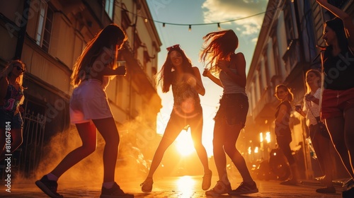 Friends dancing on street during sunset hyper realistic 