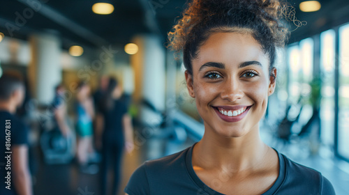 A cute, smiling girl stands amidst a diverse group of people working out at the gym, facing the camera with a cheerful expression.