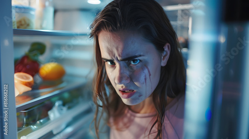 Dissappointed and Angry Young Woman Looks inside the Fridge Checks Out that its Empy Point of View POV from Inside of the Kitchen Refrigerator : Generative AI photo