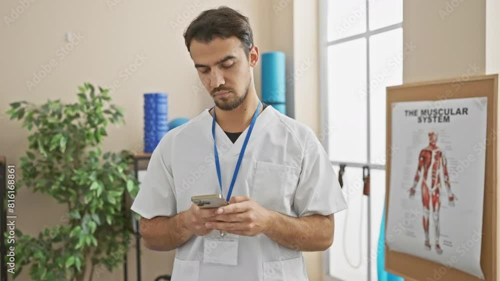A young bearded man in a medical uniform uses a smartphone in a clinic with rehabilitation equipment in the background. A young bearded man in a medical uniform uses a smartphone in a clinic with rehabilitation equipment in the background.