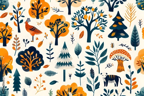 A close up of a pattern of trees and animals photo