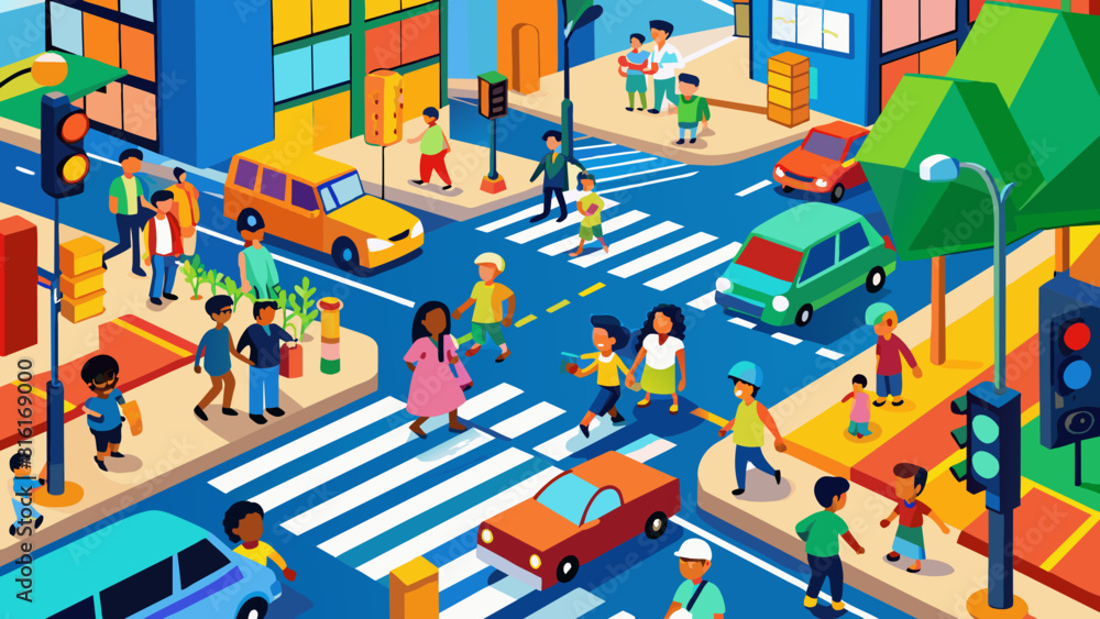 Colorful, Bustling City Intersection with Pedestrians and Traffic