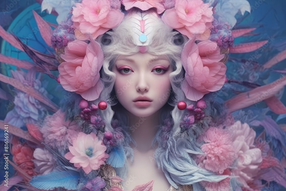 Surreal beautiful female portrait surrounded by a floral fantasy. Digital art of portrait of female face surrounded with blooming flower and painted by pastel color. Beauty and fashion concept. AIG35.