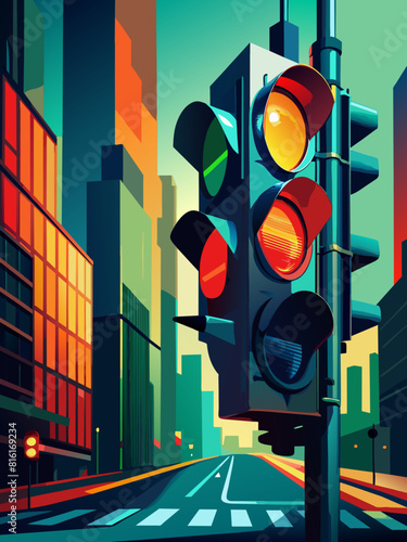 Colorful Urban Traffic Lights at Dusk in Cityscape Illustration