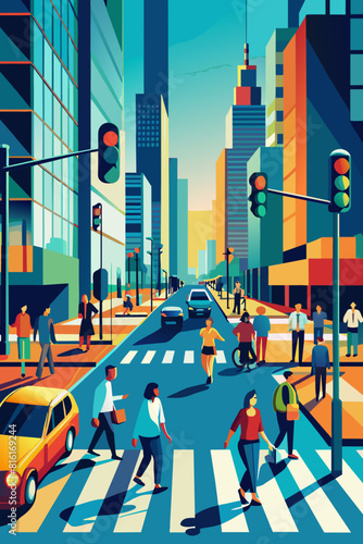 Vibrant Urban Life: Bustling City Street with Pedestrians and Traffic