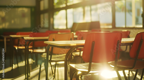 Back to school concept Classroom in blur background without young student Blurry view of elementary class room no kid or teacher with chairs and tables in campus   Generative AI