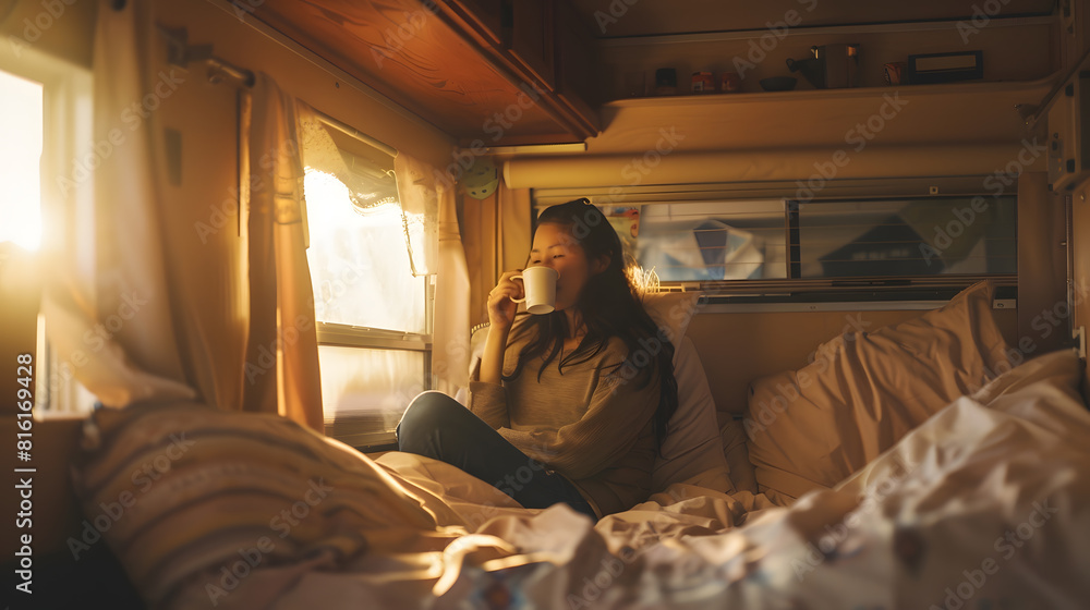 Woman is drinking coffee morning routine Tiny house First property Small apartment interior design Minimalism Moving in Living alone Charming trailer house with the morning sun : Generative AI Woman is drinking coffee morning routine Tiny house First property Small apartment interior design Minimalism Moving in Living alone Charming trailer house with the morning sun : Generative AI