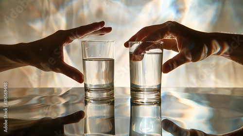 Hands measure on glass that has an empty part and left water glass half full attitude concept crisis and opportunity point of view : Generative AI