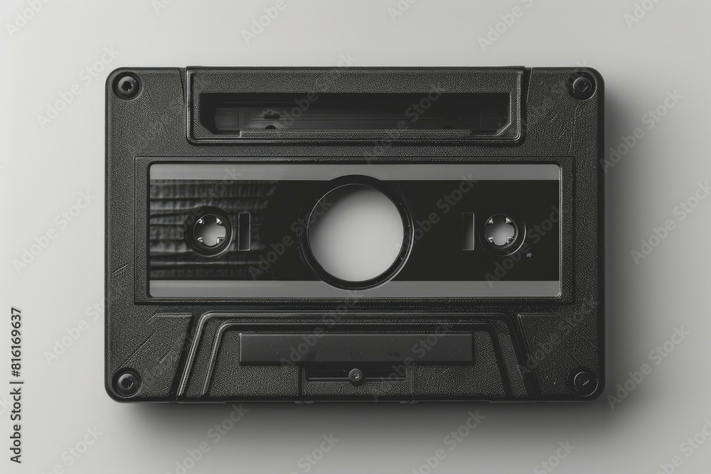 Top view of a retro black cassette tape centered on a clean white surface Top view of a retro black cassette tape centered on a clean white surface