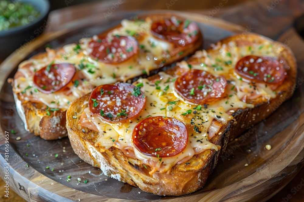 Two slices of pizza on a wooden plate Two slices of pizza on a wooden plate