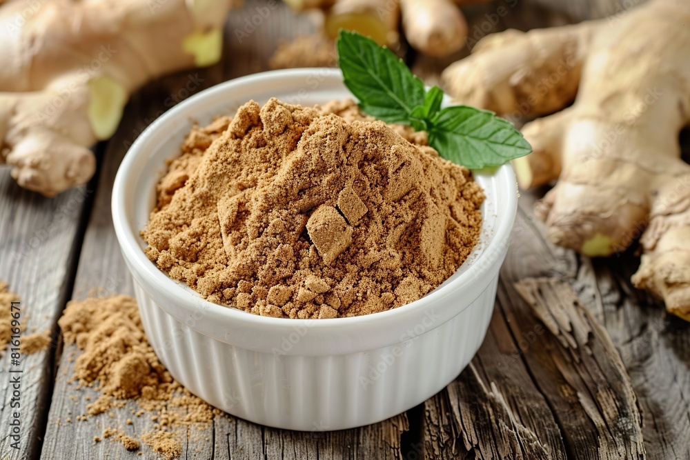 Ground dry ginger in bowl on wooden background Ground dry ginger in bowl on wooden background