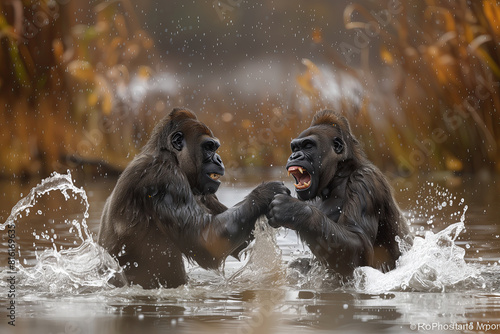 Two big monkeys fighting in the water
