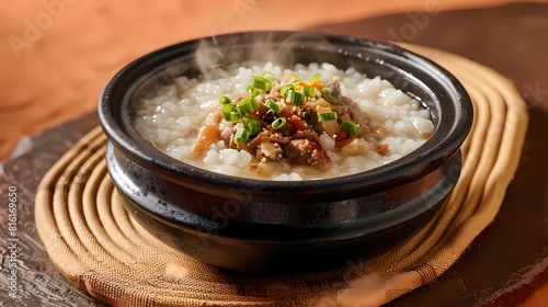 Rice porridge with pork in a pot on a brown background, Generative AI illustrations.