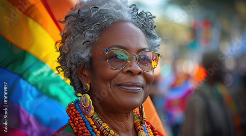 Elderly lesbian,African-American woman with LGBT flag photo