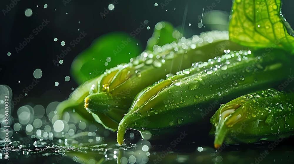 Close up of fresh green pepper with water drops on black background, Generative AI illustrations.