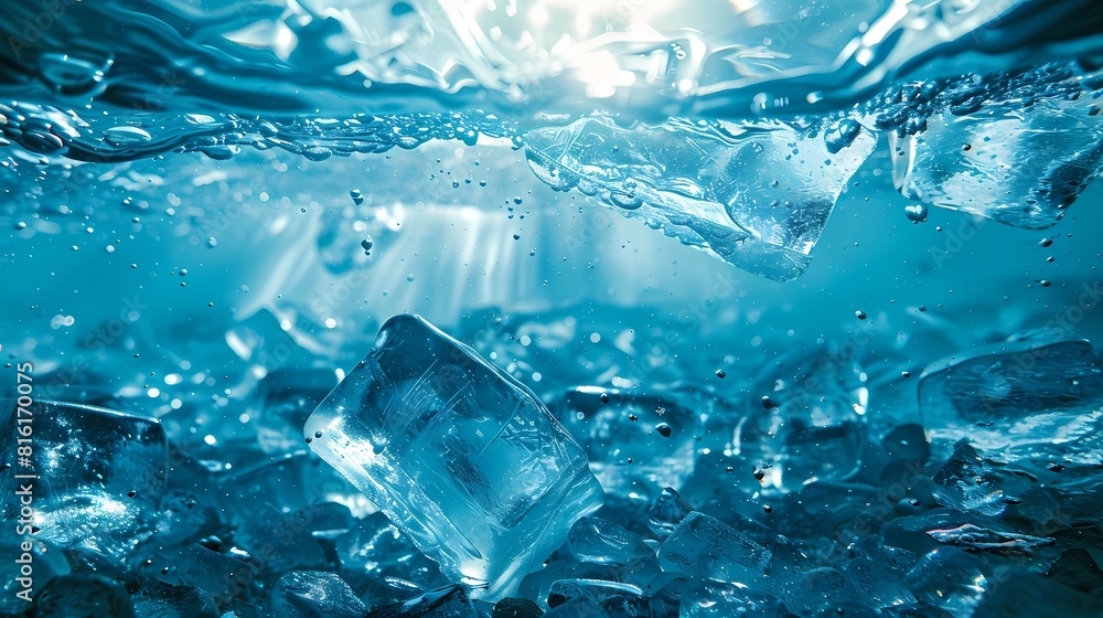 Ice cubes in water close up, Blue background with copy space, Generative AI illustrations. Ice cubes in water close up, Blue background with copy space, Generative AI illustrations.