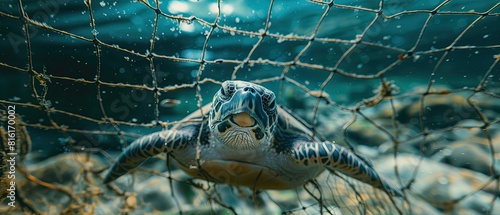 Large sea turtle caught in a fishing net