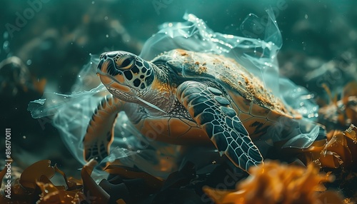 Large sea turtle gets entangled in plastic trash