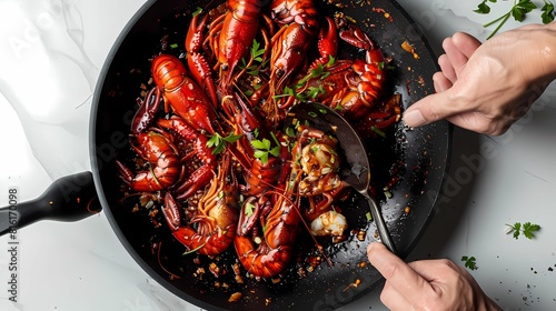 top view of woman preparing lobster in frying pan on white marble table, Generative AI illustrations.