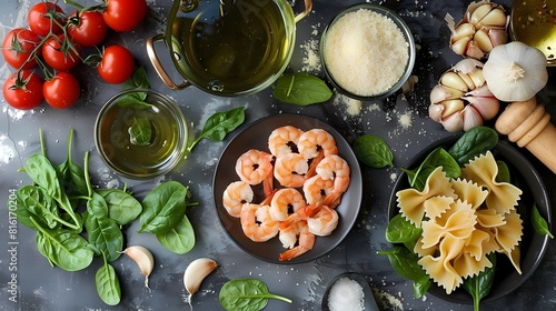 Ingredients for cooking pasta with shrimps on grey table, Generative AI illustrations.