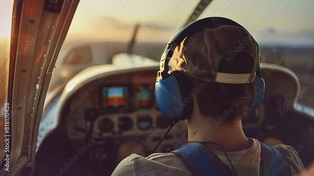 Naklejka premium Helicopter pilot in the cockpit of a private plane at sunset, Generative AI illustrations.