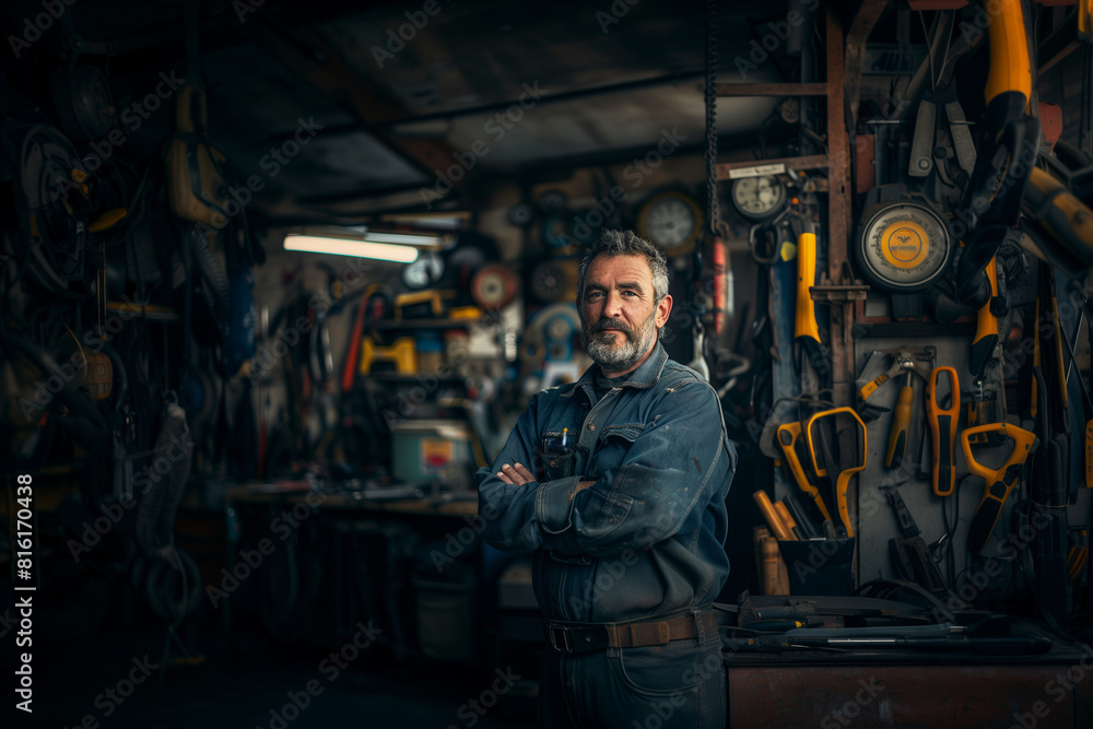 A man stands in a workshop with tools and equipment around him A man stands in a workshop with tools and equipment around him