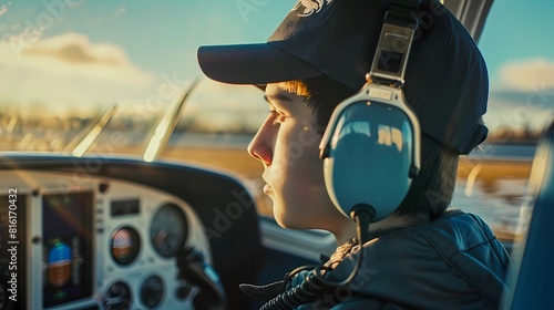 A boy in a pilot's cap and glasses is sitting in the cockpit of a helicopter, Generative AI illustrations. photo