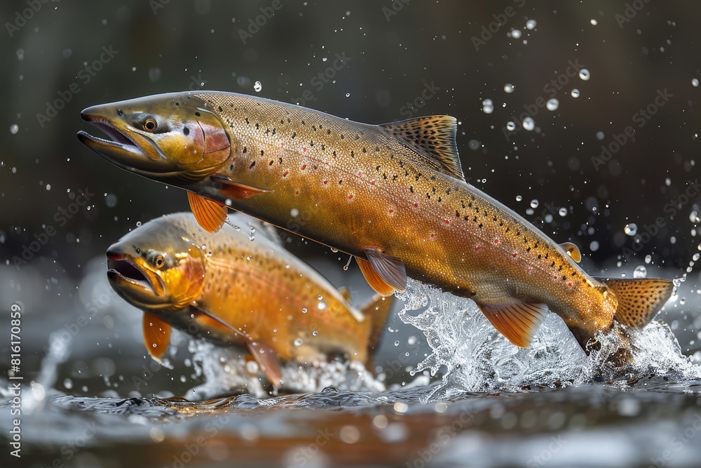 Salmon jumping upstream during spawning season, symbolizing resilience. Salmon jumping upstream during spawning season, symbolizing resilience.