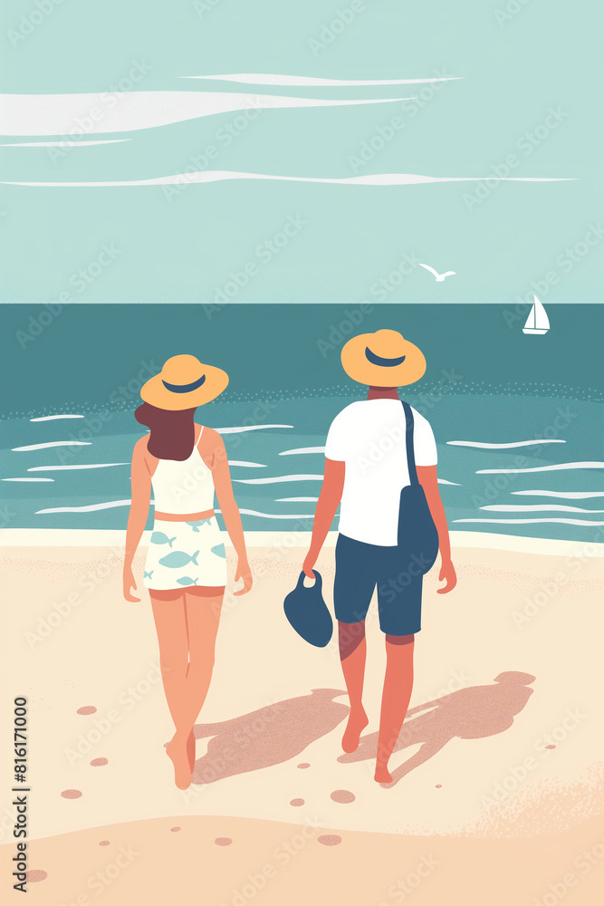 A couple is walking on the beach, holding hands and wearing hats