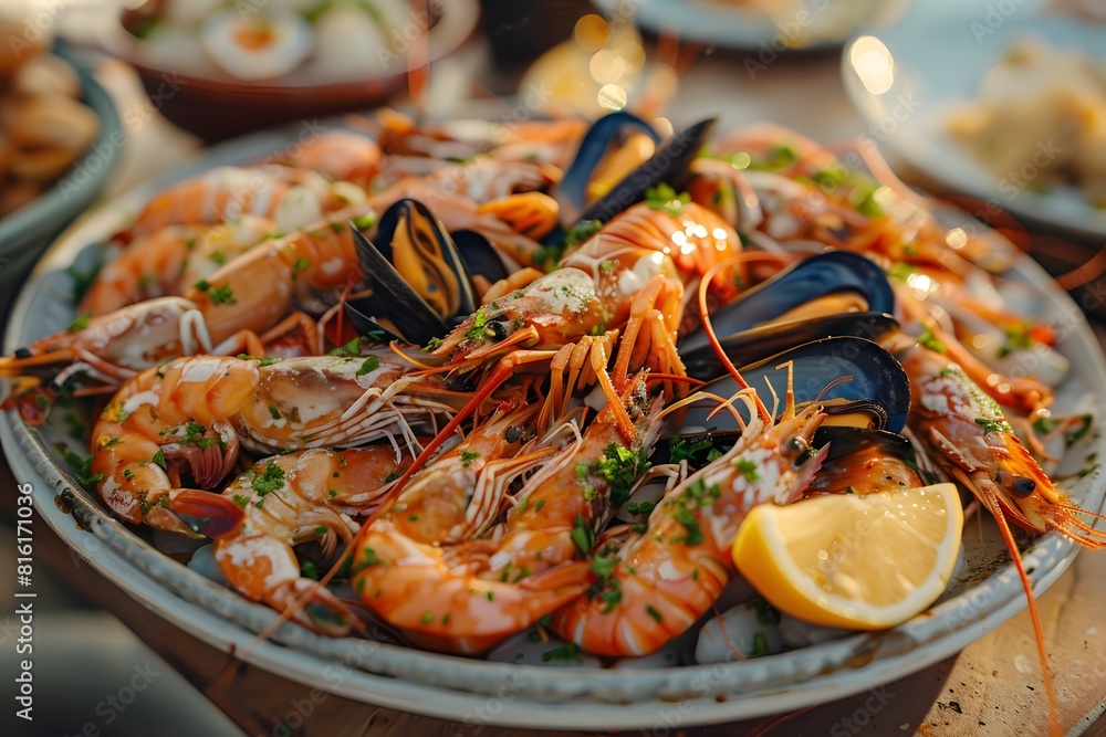 Plate of seafood with mussels and lemon slices Plate of seafood with mussels and lemon slices