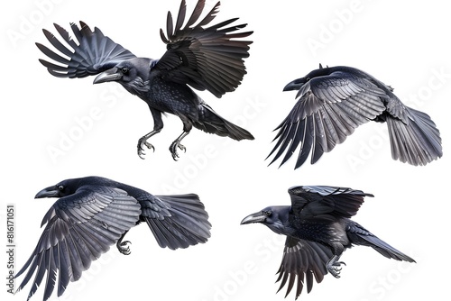 Four different views of a black bird flying in the air