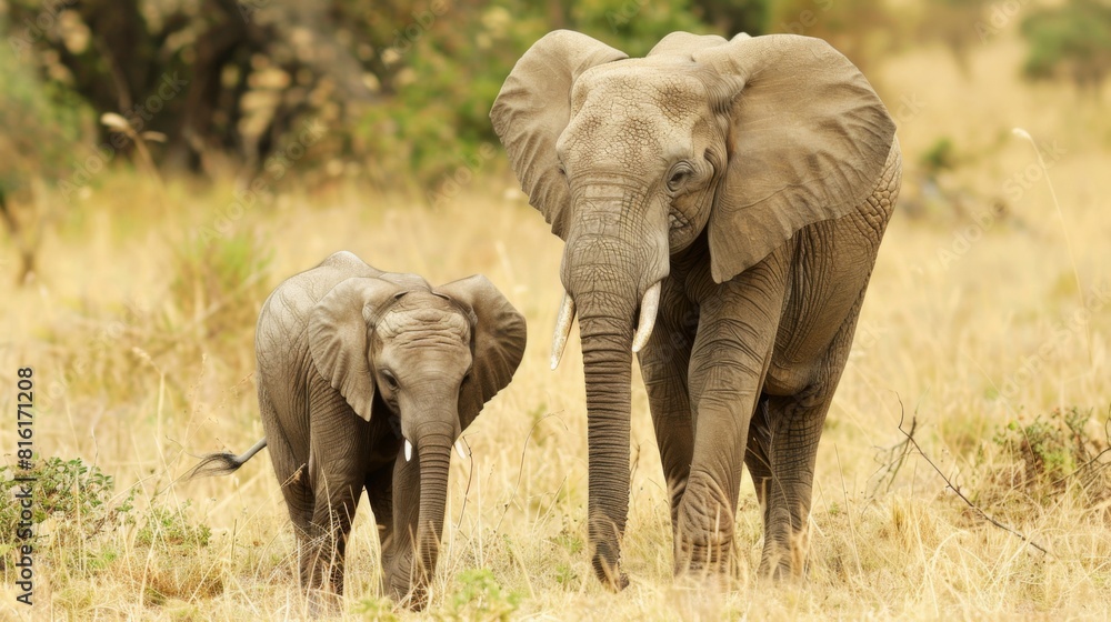Obraz premium A tender moment between an adult elephant and a young calf, captured in the warm colors of the grassland