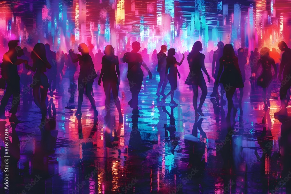 People walking in water fountain with colorful lights People walking in water fountain with colorful lights